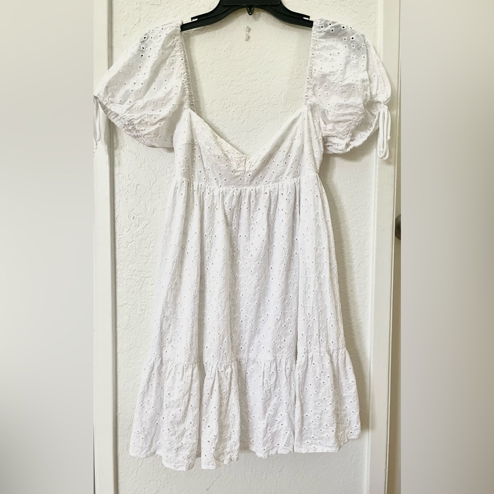 Olivaceous White Eyelet Babydoll Mini Dress
